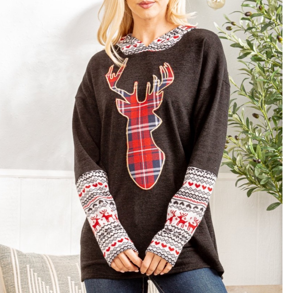 💲Heimish “ Holly “ Heimish Contrast Christmas Top with Hoodie S-3X 87 - Picture 2 of 8